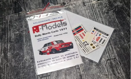 Kalkomanie wodne w skali 1/43 - Polski Fiat 125p "23" - Rajd Monte Carlo 1977 - T. Ciecierzyński / J. Różański