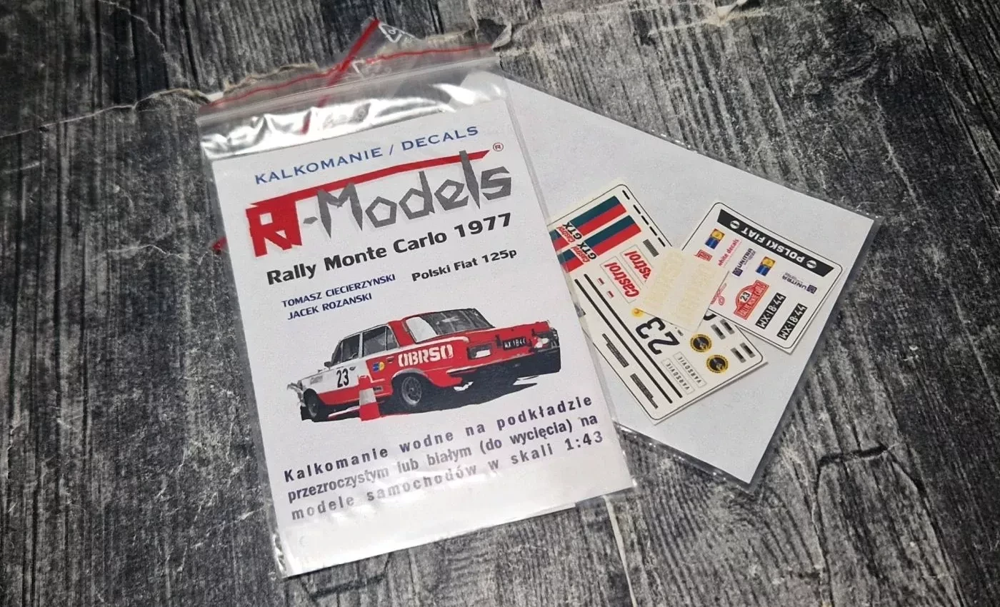 Kalkomanie wodne w skali 1/43 - Polski Fiat 125p "23" - Rajd Monte Carlo 1977 - T. Ciecierzyński / J. Różański